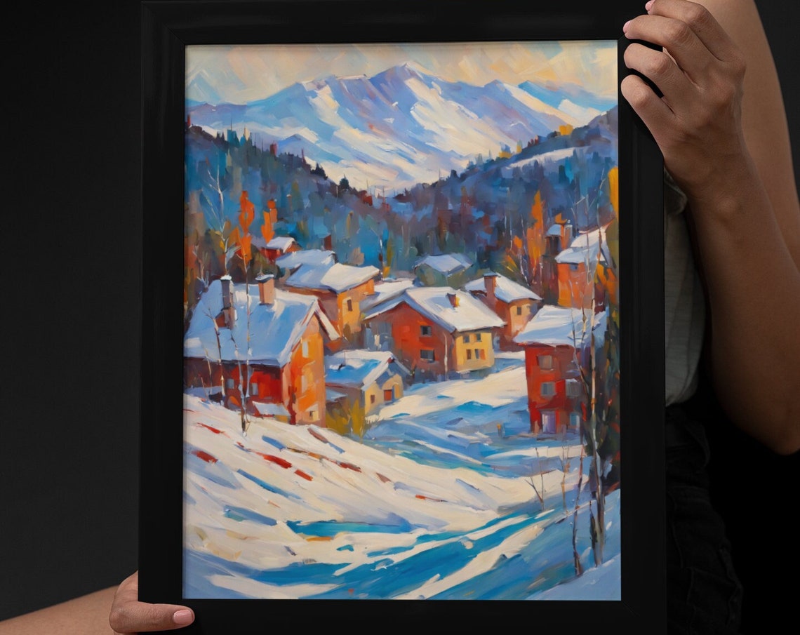 Snowy Mountain Village Chalets Winter Snow Scene Holiday Art Poster