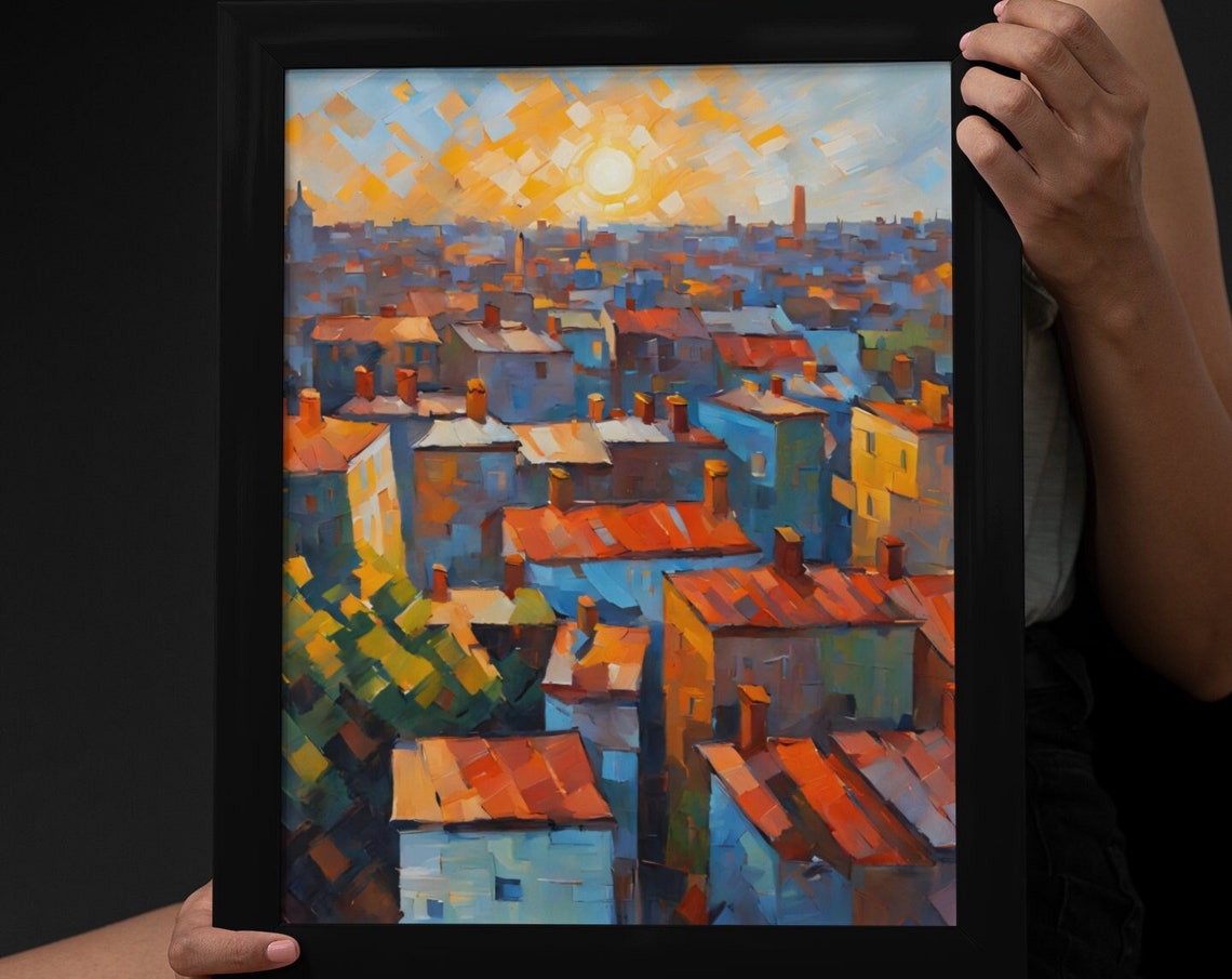 Colorful Old Town Rooftops Sunset Aerial European Cityscape Art Poster