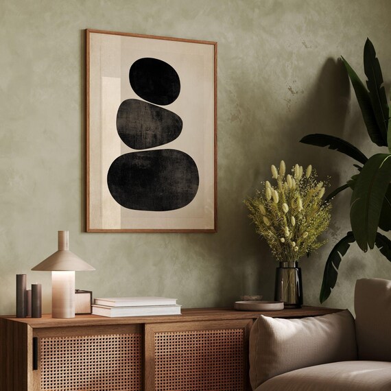 Minimalist Abstract Wall Art Black Beige Organic Shape Poster Scandinavian Modern Print Neutral Boho Home Calm Geometric Composition