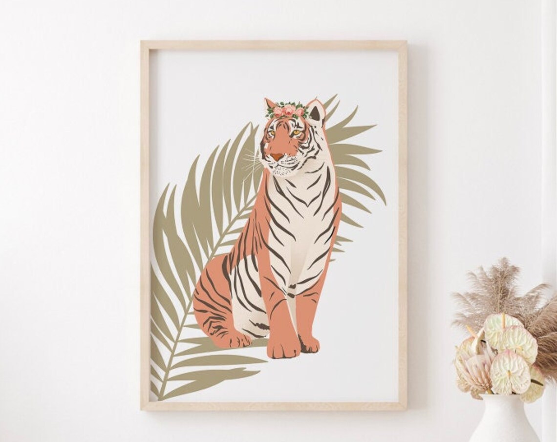 Boho Tiger with Pink Flower Crown Among Palm Leaves Art Poster