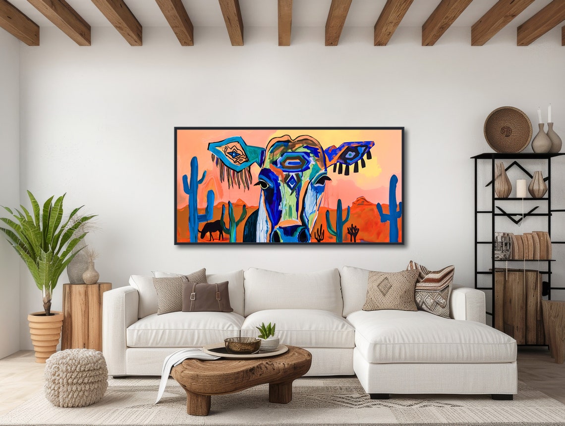 Colorful Abstract Cow Face Painting Desert Sunset Cactus Wall Poster - Image 3