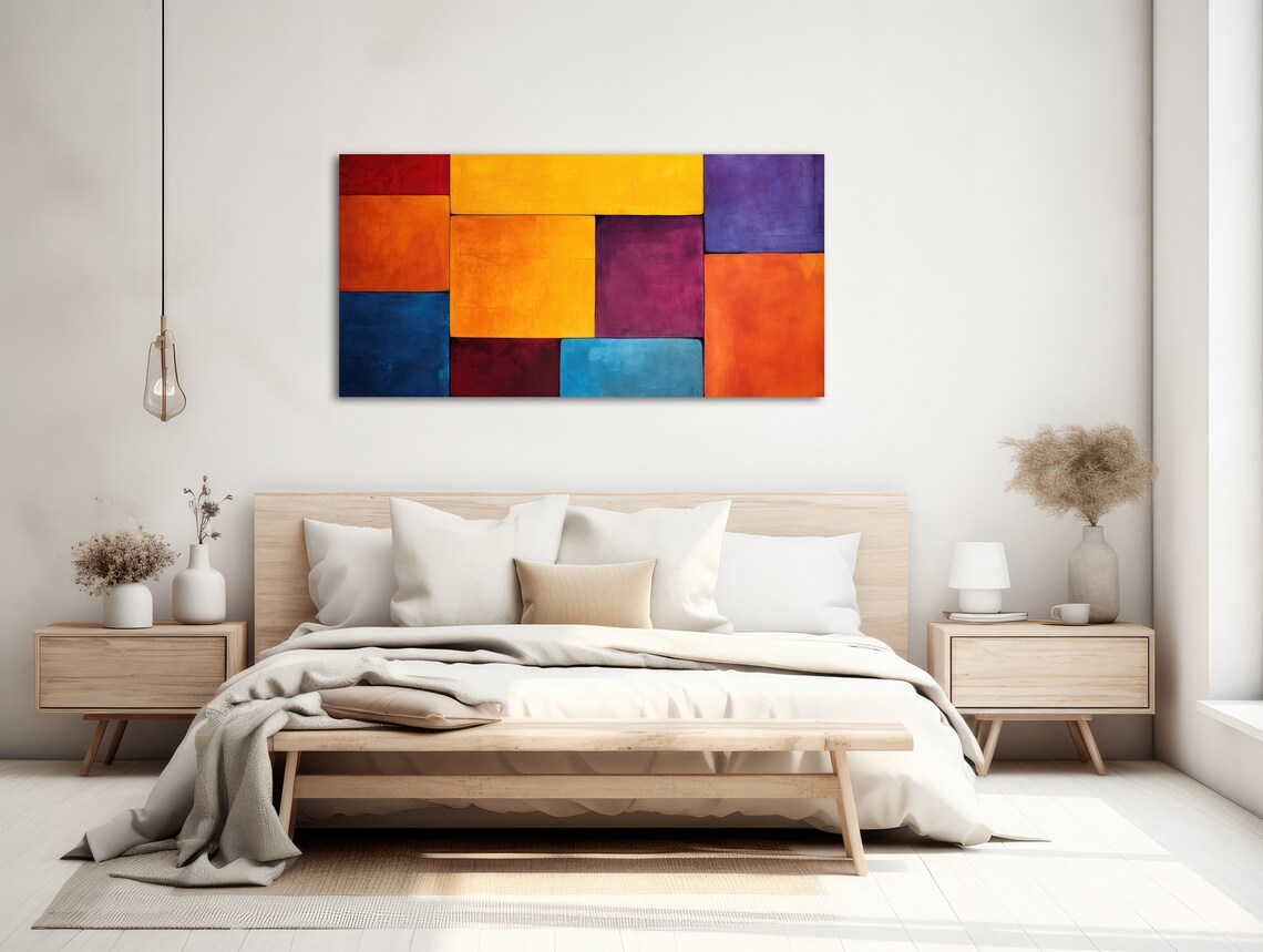 Large Geometric Wall Art Framed Print Modern Abstract Painting Large Artwork Orange Purple Coming Together - Image 2