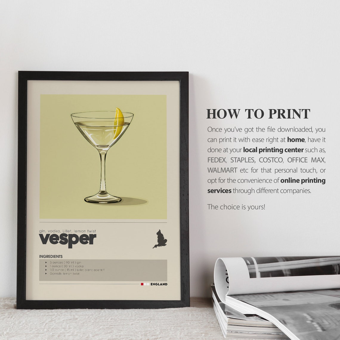 Vesper Martini Cocktail Recipe Minimalist Bar Cart Decor Poster - Image 3