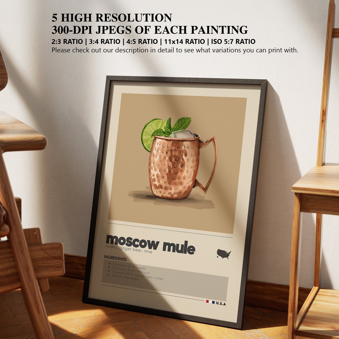 Moscow Mule Cocktail Print, Minimalist Bar Cart Decor - Image 2