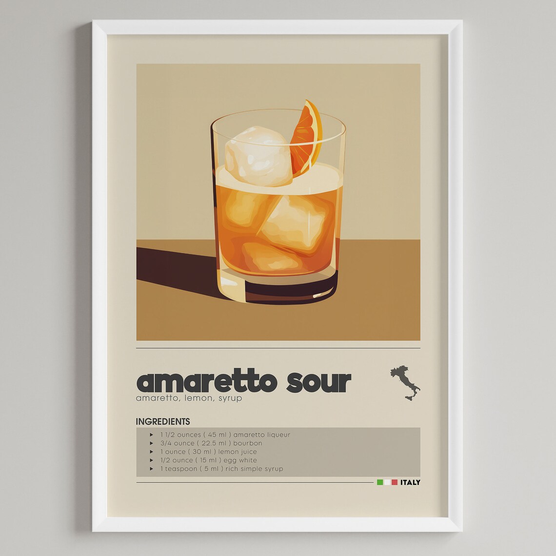 Amaretto Sour Italy Liqueur Lemon Cocktail Recipe Vintage Poster