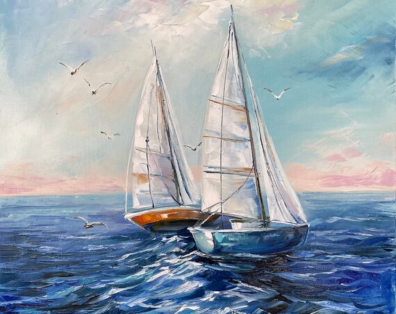 Sailboat Painting Blue Ocean Oil Painting On Original Ship Art Seascape White Blue Painting Nautical Painting Sailing Boat Wall Art