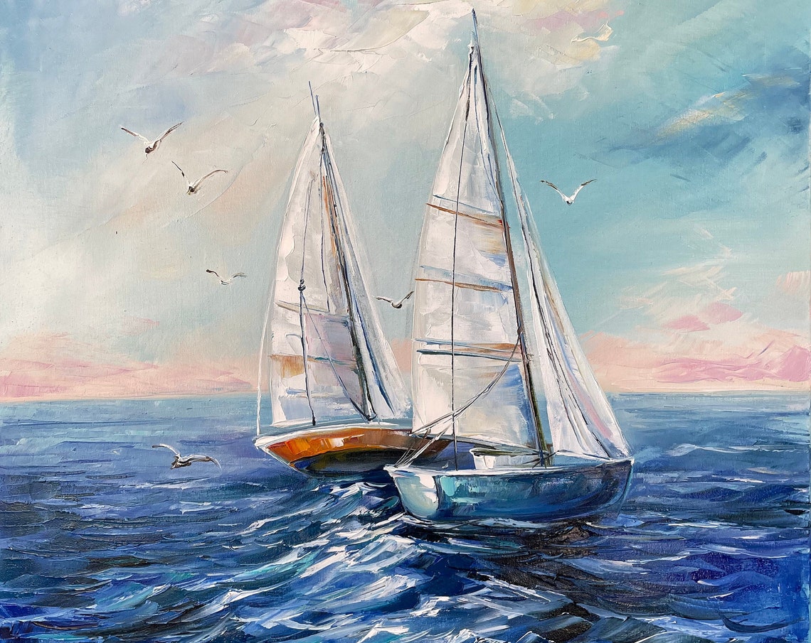 Sailboat Painting Blue Ocean Oil Painting On Original Ship Art Seascape White Blue Painting Nautical Painting Sailing Boat Wall Art