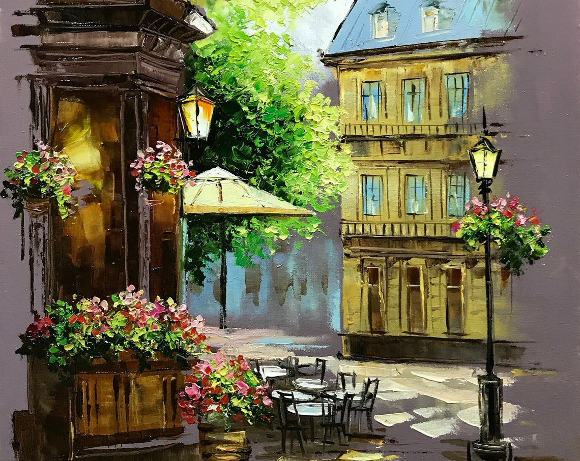 Paris Street Painting On French Cafe Oil Painting Original City Scape Wall Art European Landscape Oil Painting Paris Cafe Artwork