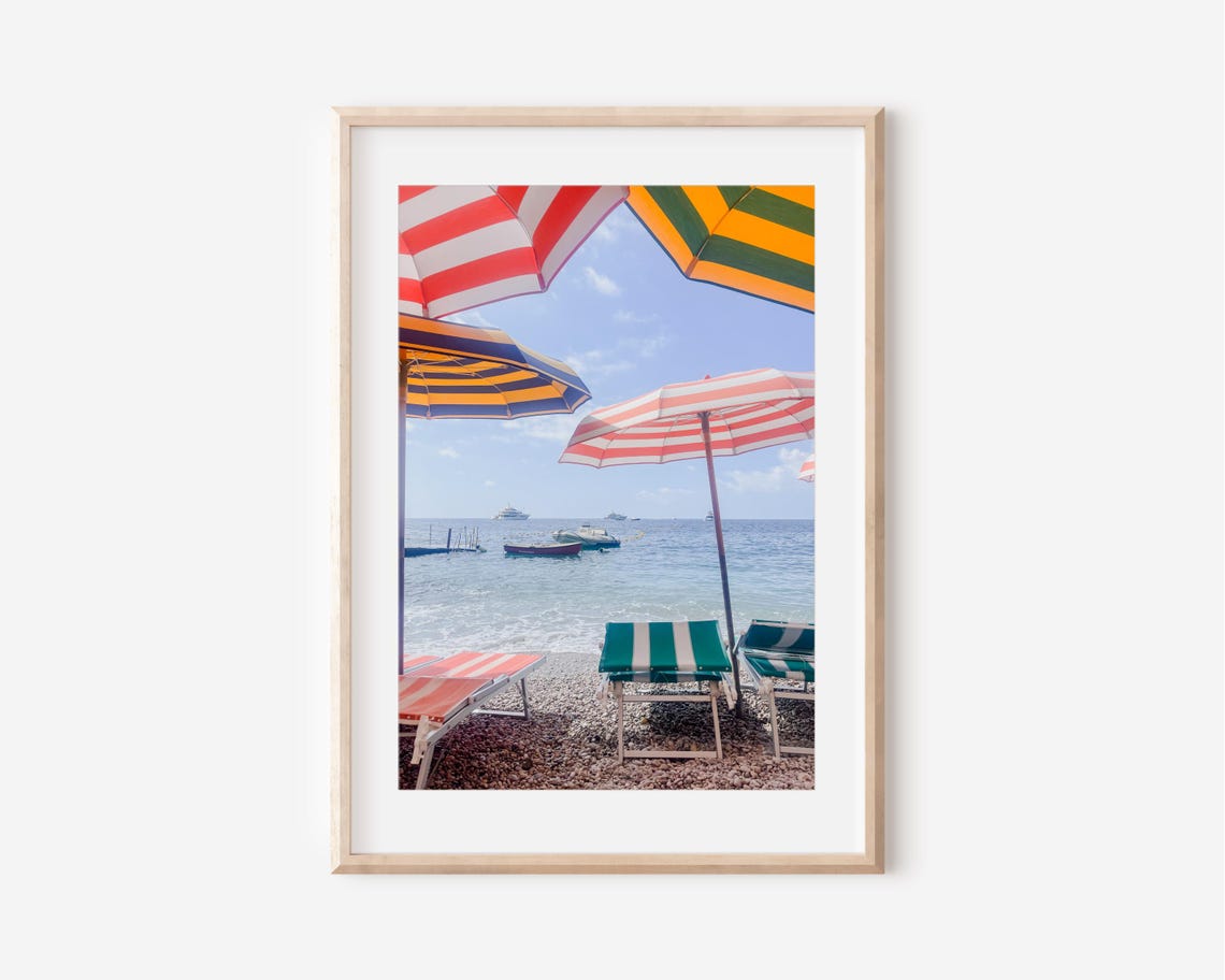 Capri Beach Colorful Striped Umbrellas Loungers Photography Print