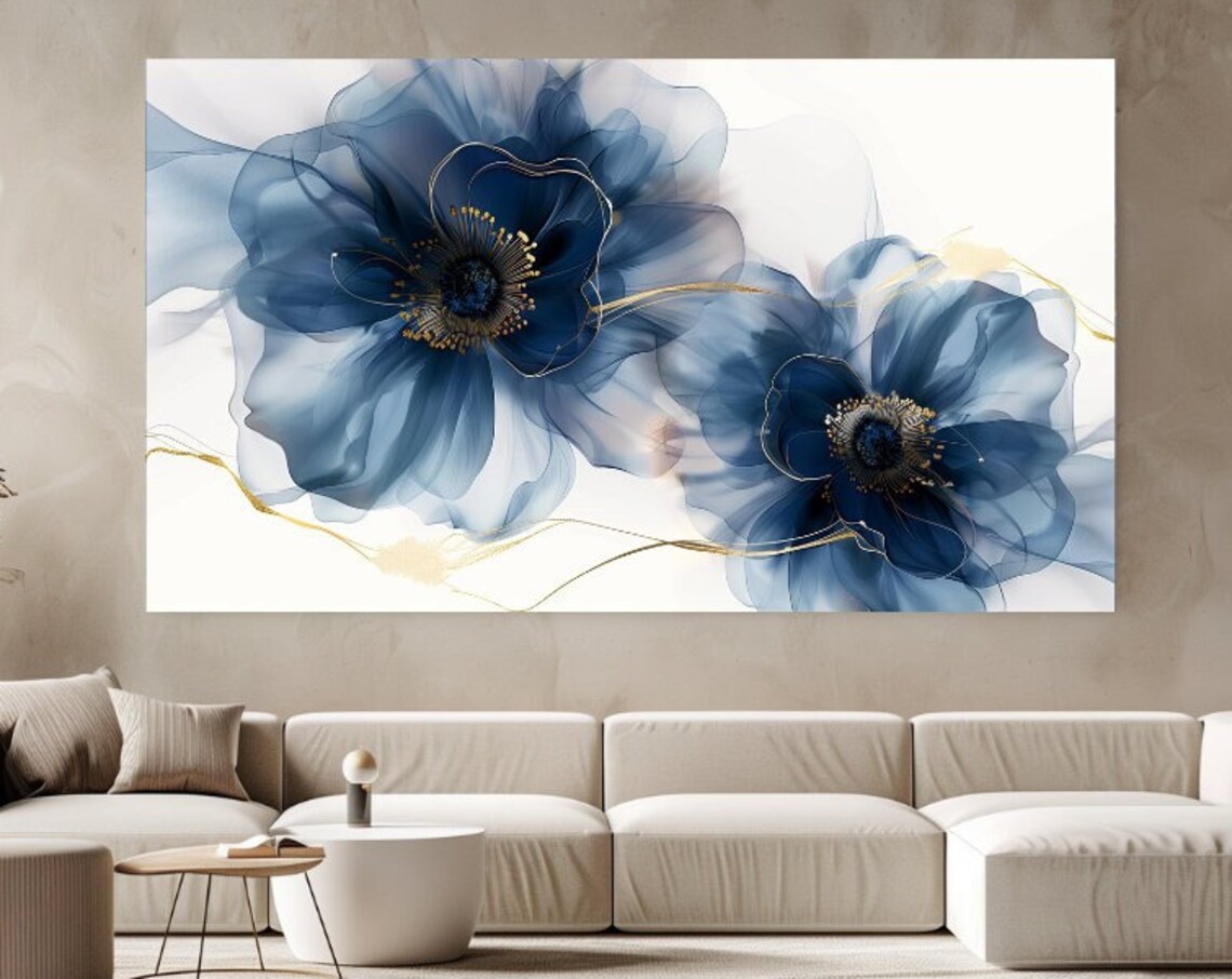 Soft Blue Watercolor Flowers Gold Line Elegant Floral Wall Art Poster