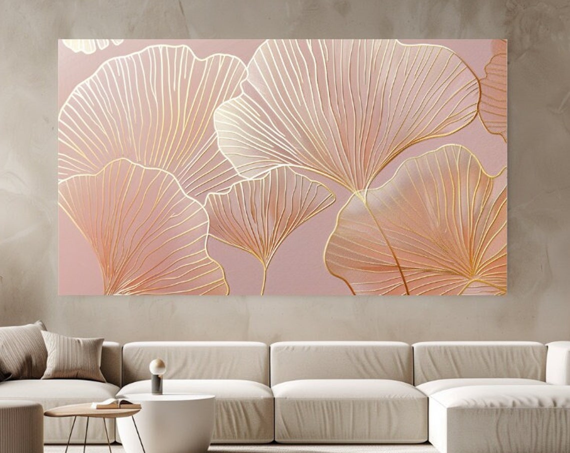 Blush Pink Ginkgo Leaves Gold Outline Elegant Botanical Wall Art Print