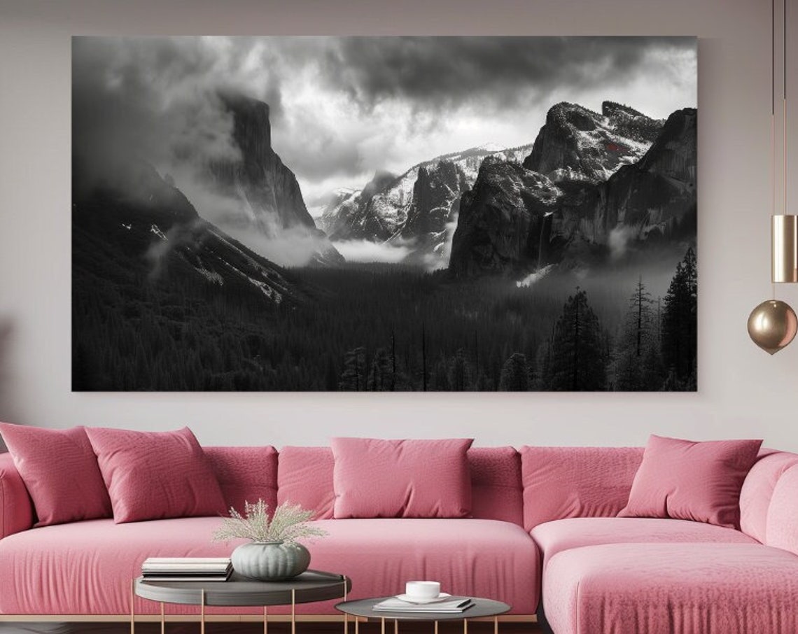 Yosemite Valley In Black And White Misty Cliffs Travel Poster