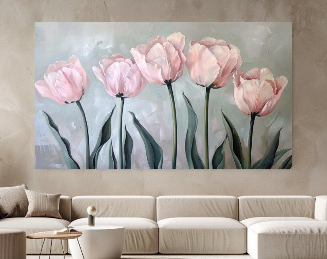 Pink Tulips Oil Painting Pastel Floral Row Soft Green Art Wall Poster