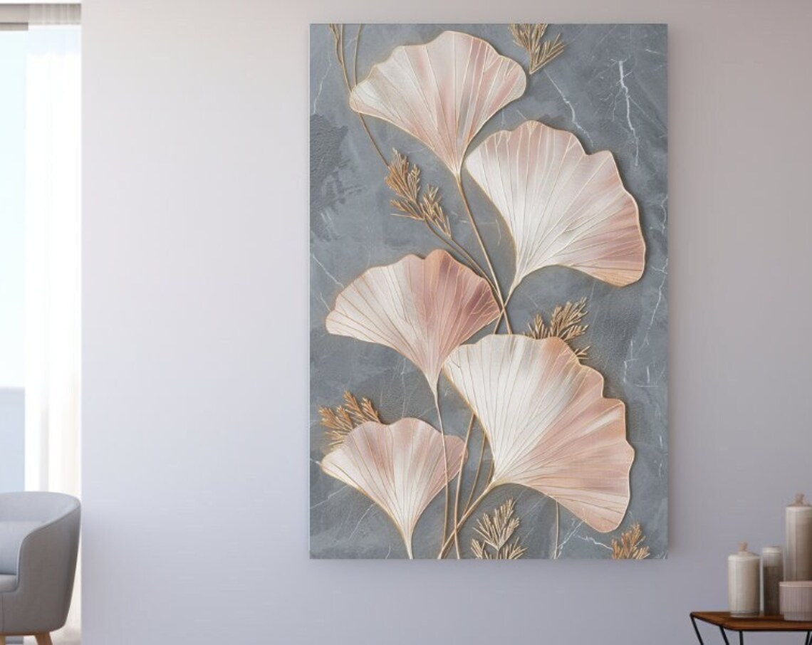 Blush Ginkgo Leaves Gold Veins on Gray Marble Art Deco Wall Poster