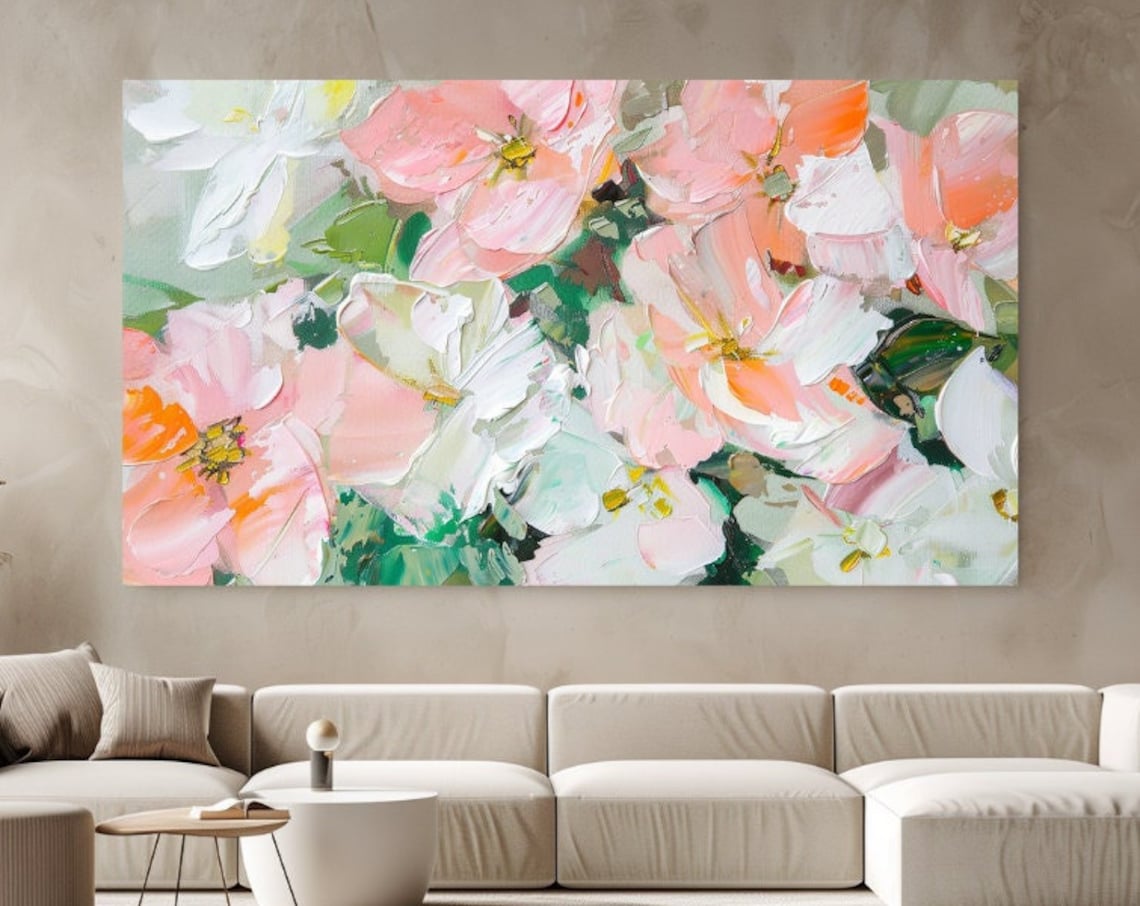 Pink And White Impasto Flowers Thick Oil Paint Floral Art Poster