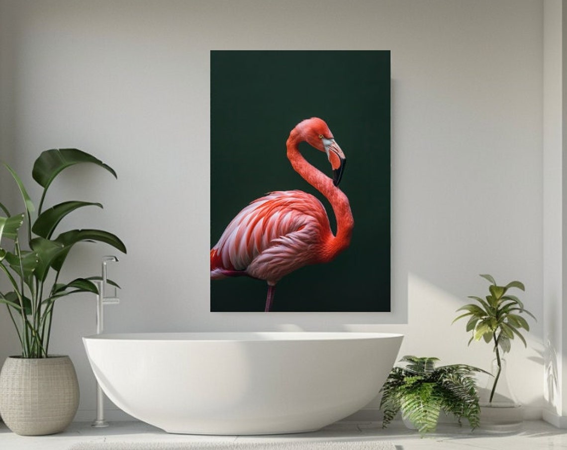 Pink Flamingo Portrait Dark Green Background Elegant Bird Poster
