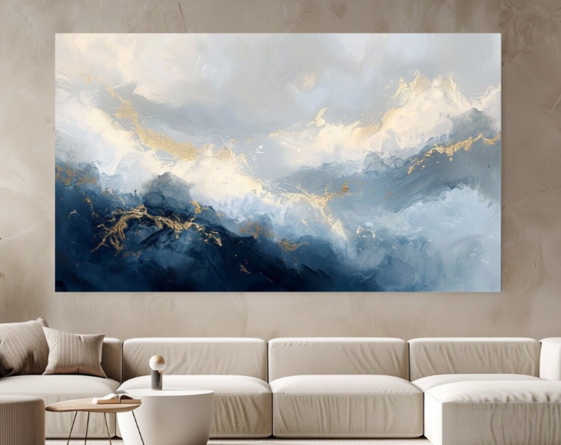 White And Gold Tones Blue Abstract Art Print for Home Decor