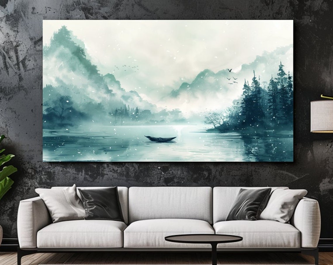Misty River Boat Pine Mountains Teal Watercolor Landscape Poster