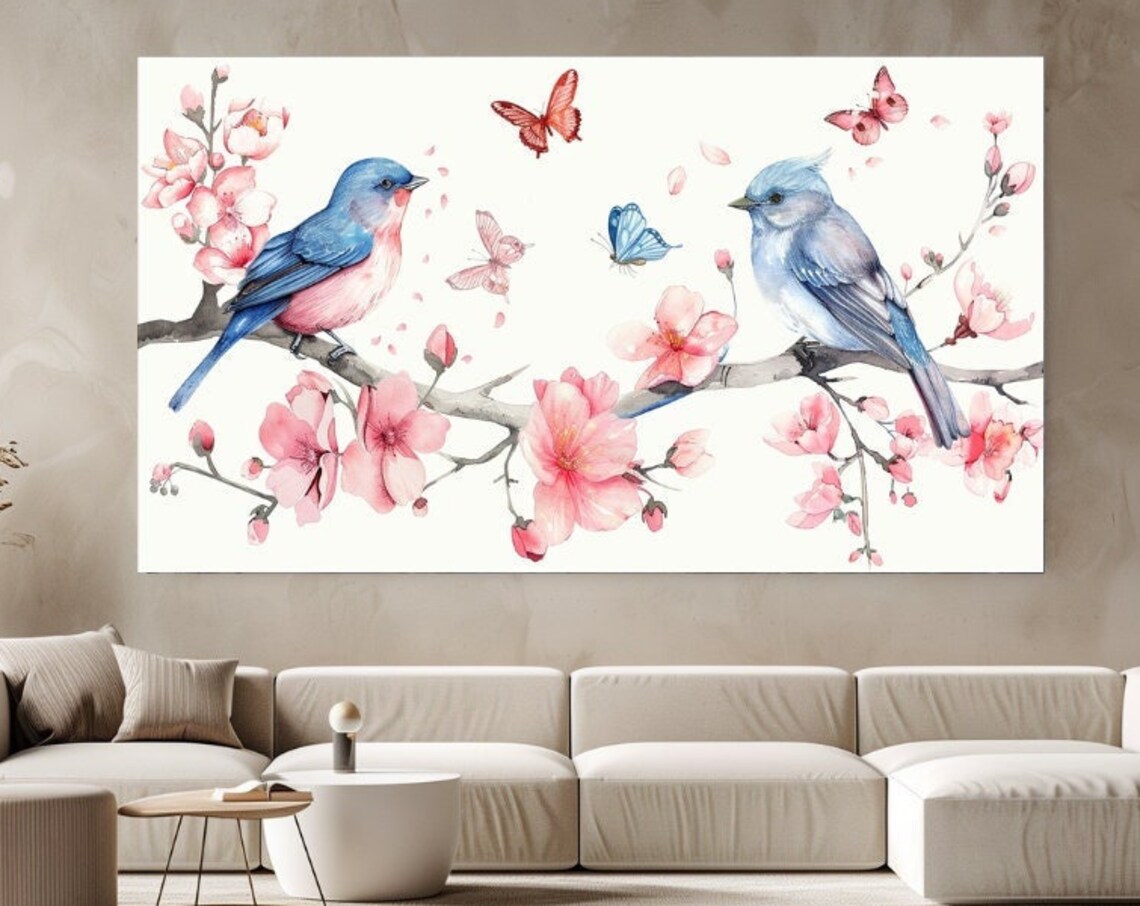 Two Bluebirds And Butterflies Cherry Blossom Branch Watercolor Art