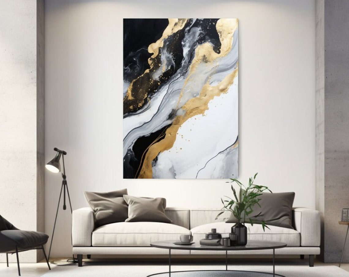 Black White Gold Marble Flow Elegant Abstract Modern Wall Poster