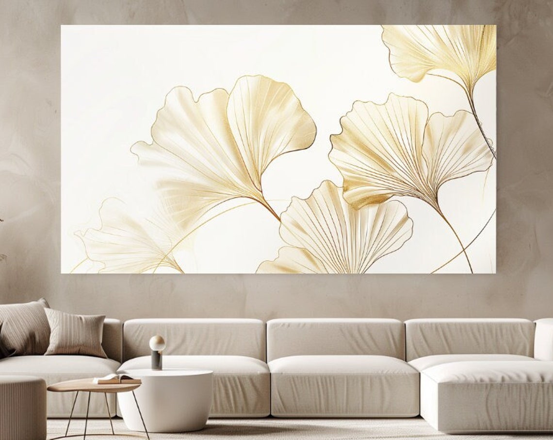 Cream Champagne Ginkgo Leaf Art Soft Neutral Botanical Wall Art Poster