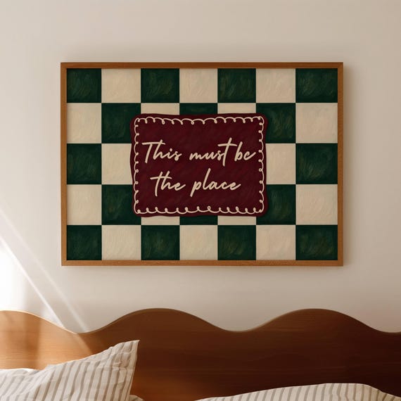 This Must Be The Place Green Khaki Quote Print Horizontal Above Bed Wall Art Hand Drawn Retro Checkered Typography Oil Painting Poster