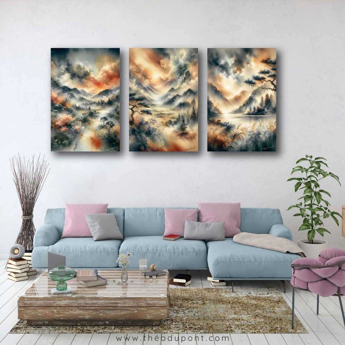 Misty Mountain Sunset Watercolor Triptych 3 Piece Panel Set Art Poster