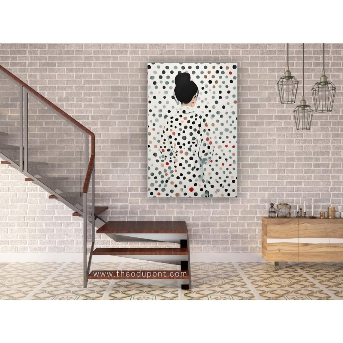 Japanese Woman Back View Colorful Dots Polka Dot Minimalist Art Poster - Image 2