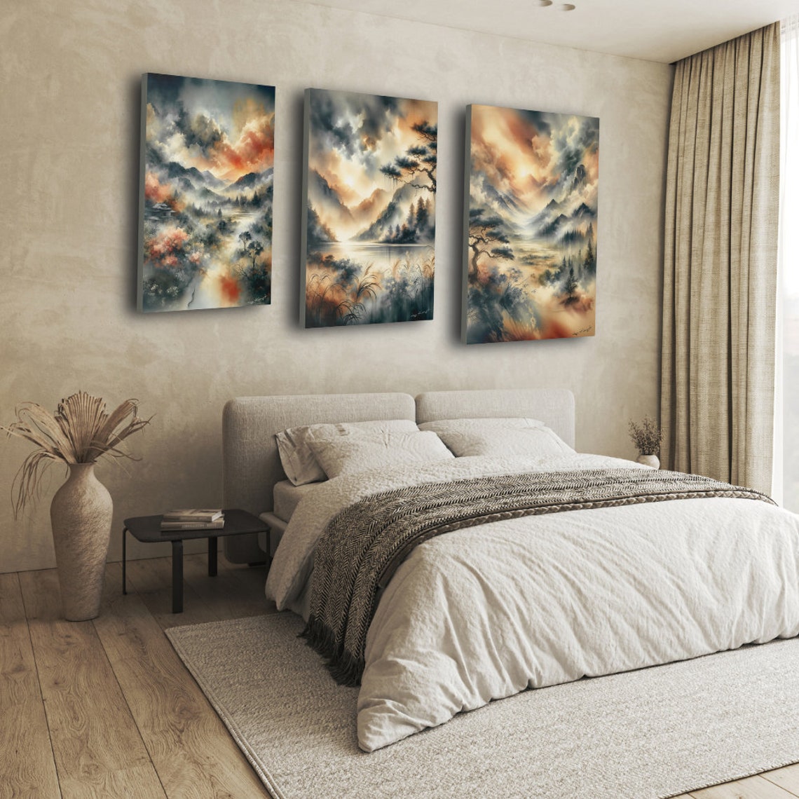 Misty Mountain Sunset Watercolor Triptych 3 Piece Panel Set Art Poster - Image 2