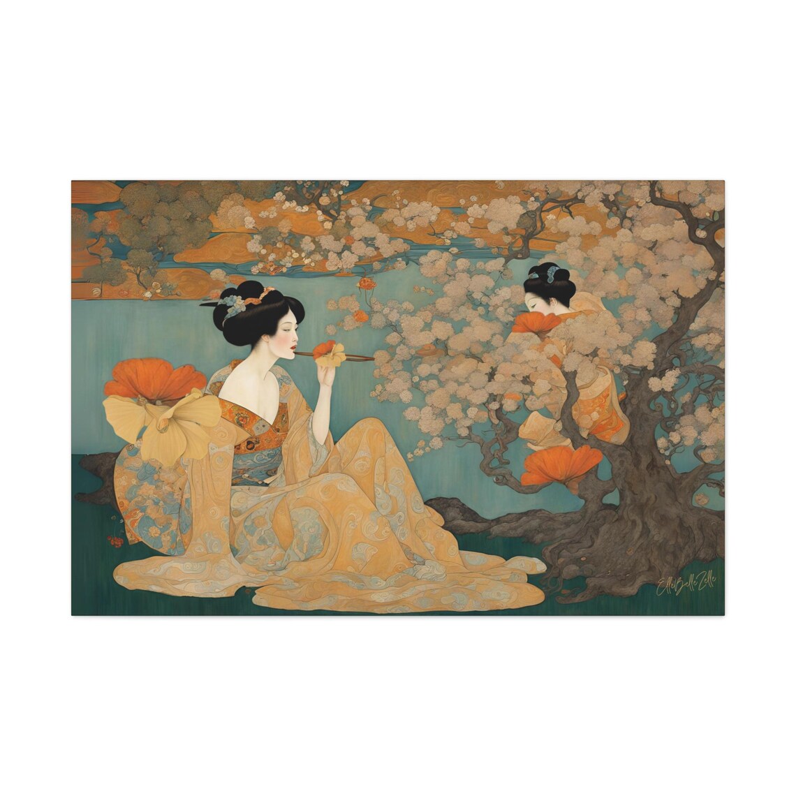Art Nouveau Geisha Gold Kimono Cherry Blossom Spring Garden Art Poster - Image 2
