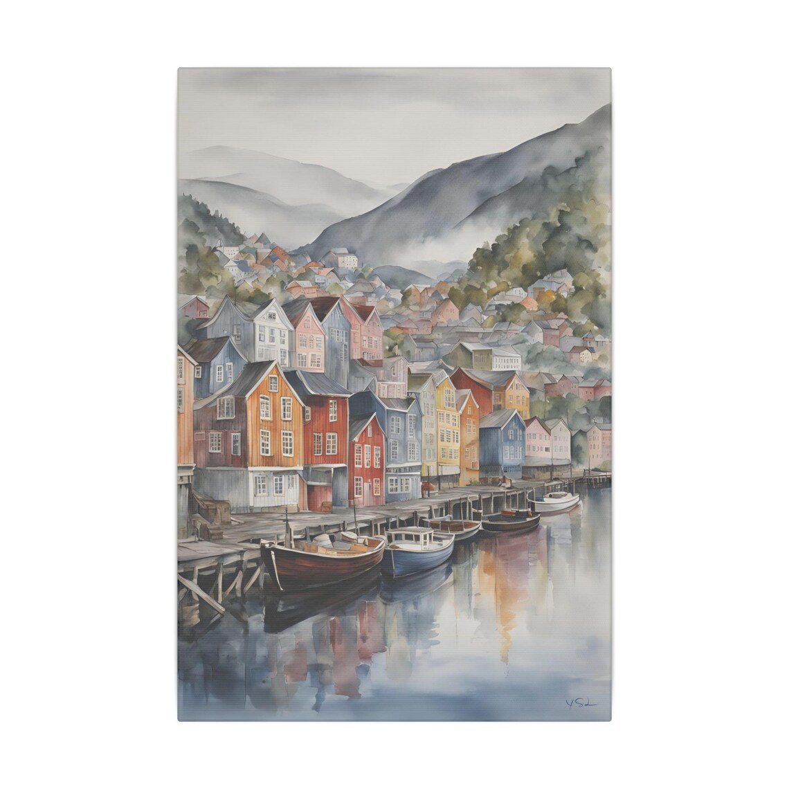 Bergen Norway Bryggen Wharf Watercolor Harbor Waterfront Travel Poster
