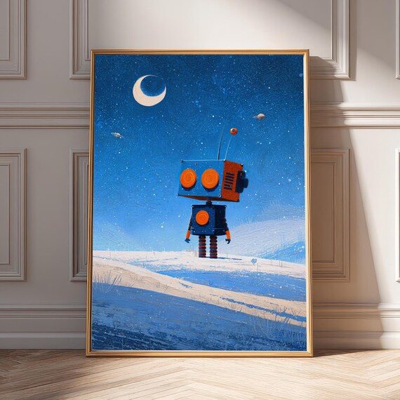 Whimsical Robot Wall Art Moonlit Blue Landscape Print For Kids Room Nursery Decor Unique Scifi
