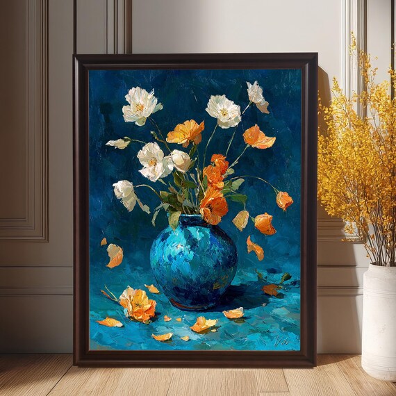 White And Orange Flowers In Blue Vase Classic Still Life Oil Art Poster
