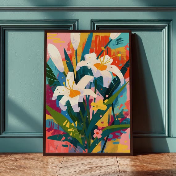 Abstract Lily Flower Art Print Modern Floral Wall Decor Vibrant Botanical Illustration Contemporary Home