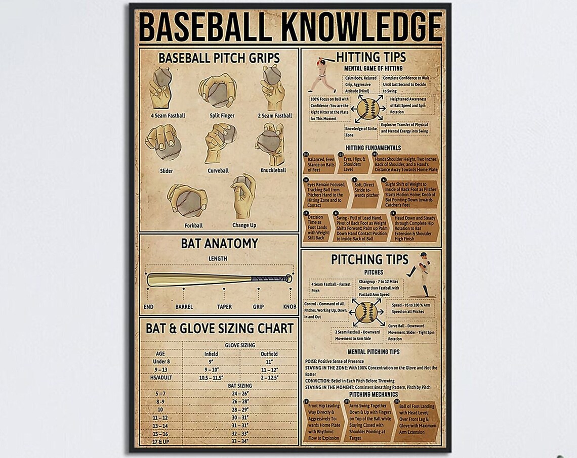 Baseball Knowledge Poster, Pitch Grips Bat Anatomy