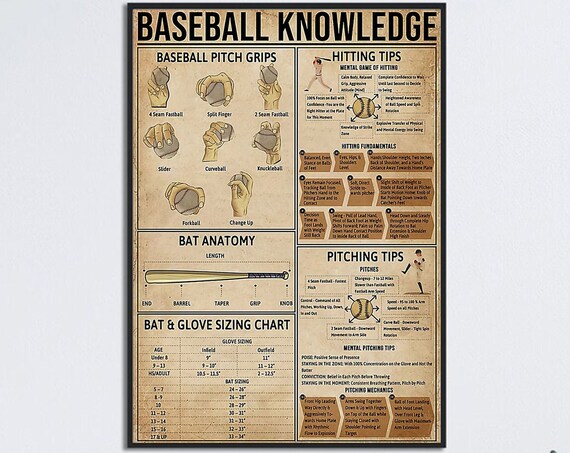 Baseball Knowledge Poster, Pitch Grips Bat Anatomy