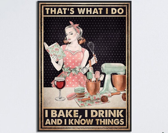 Girl Baking, Drinking Wine Kitchen Wall Art Print
