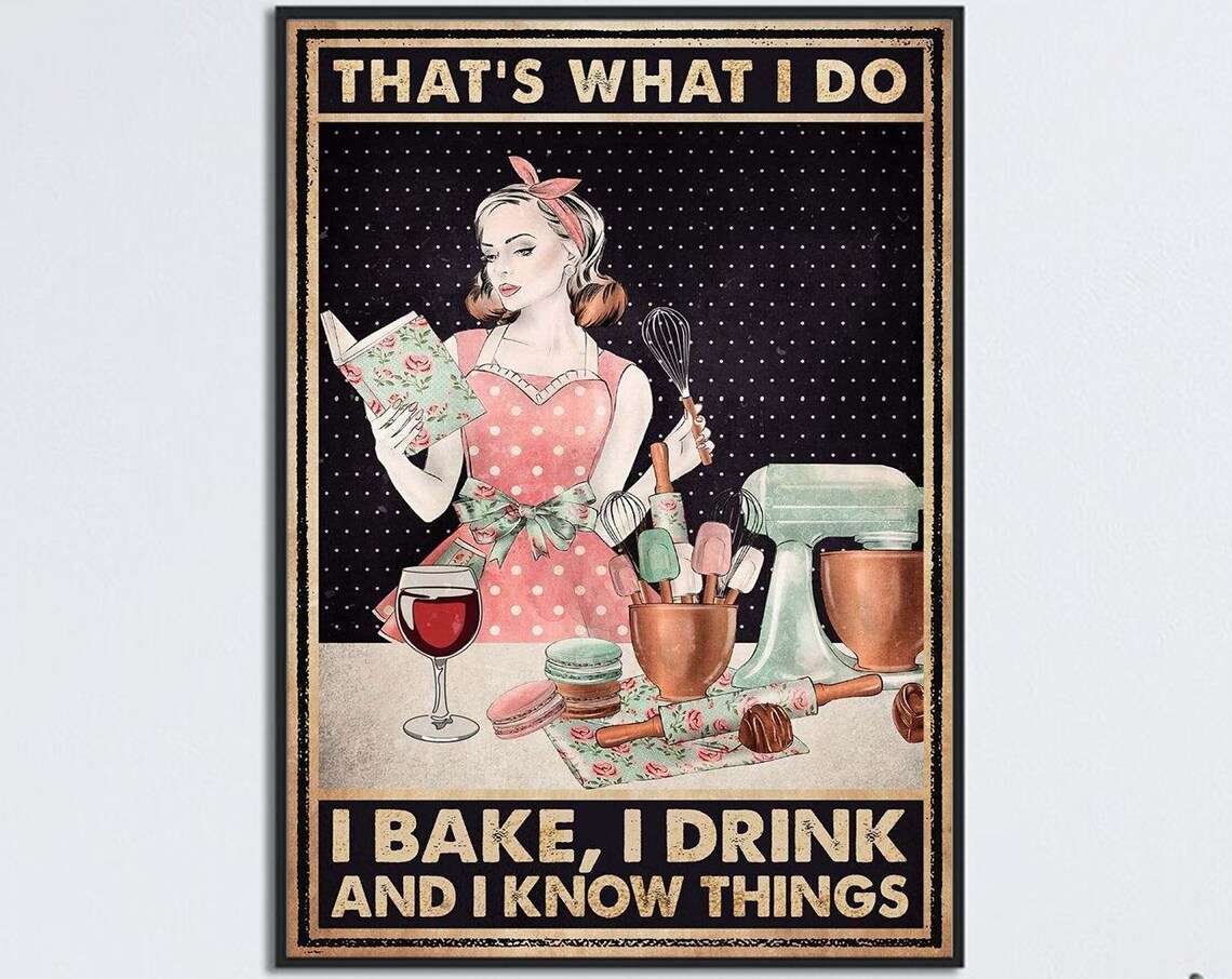 Girl Baking, Drinking Wine Kitchen Wall Art Print