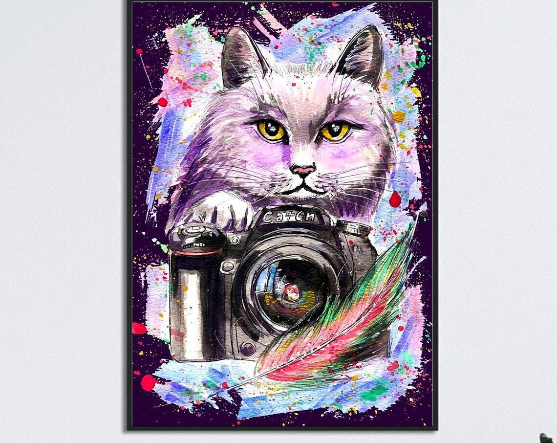 Watercolor Cat Photographer Holding Camera Photography Lover Poster
