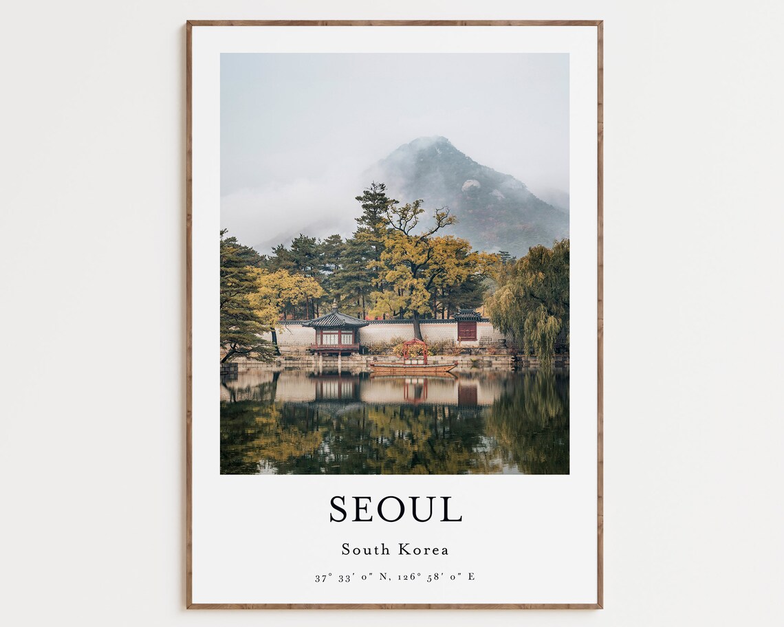 Seoul South Korea Pavilion Pond Mountain Coordinate Travel Poster