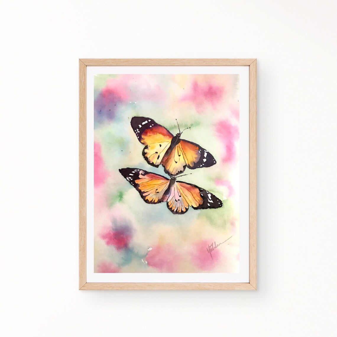 Pair of Monarch Butterflies on a Pastel Wash Watercolor Poster