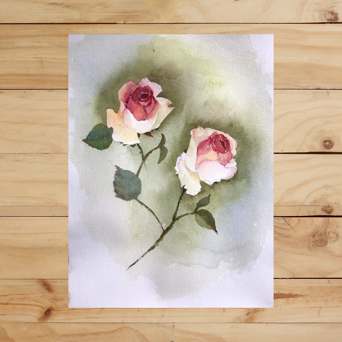 Two Blush Pink Roses Blooming Soft Green Watercolor Floral Poster - Image 2