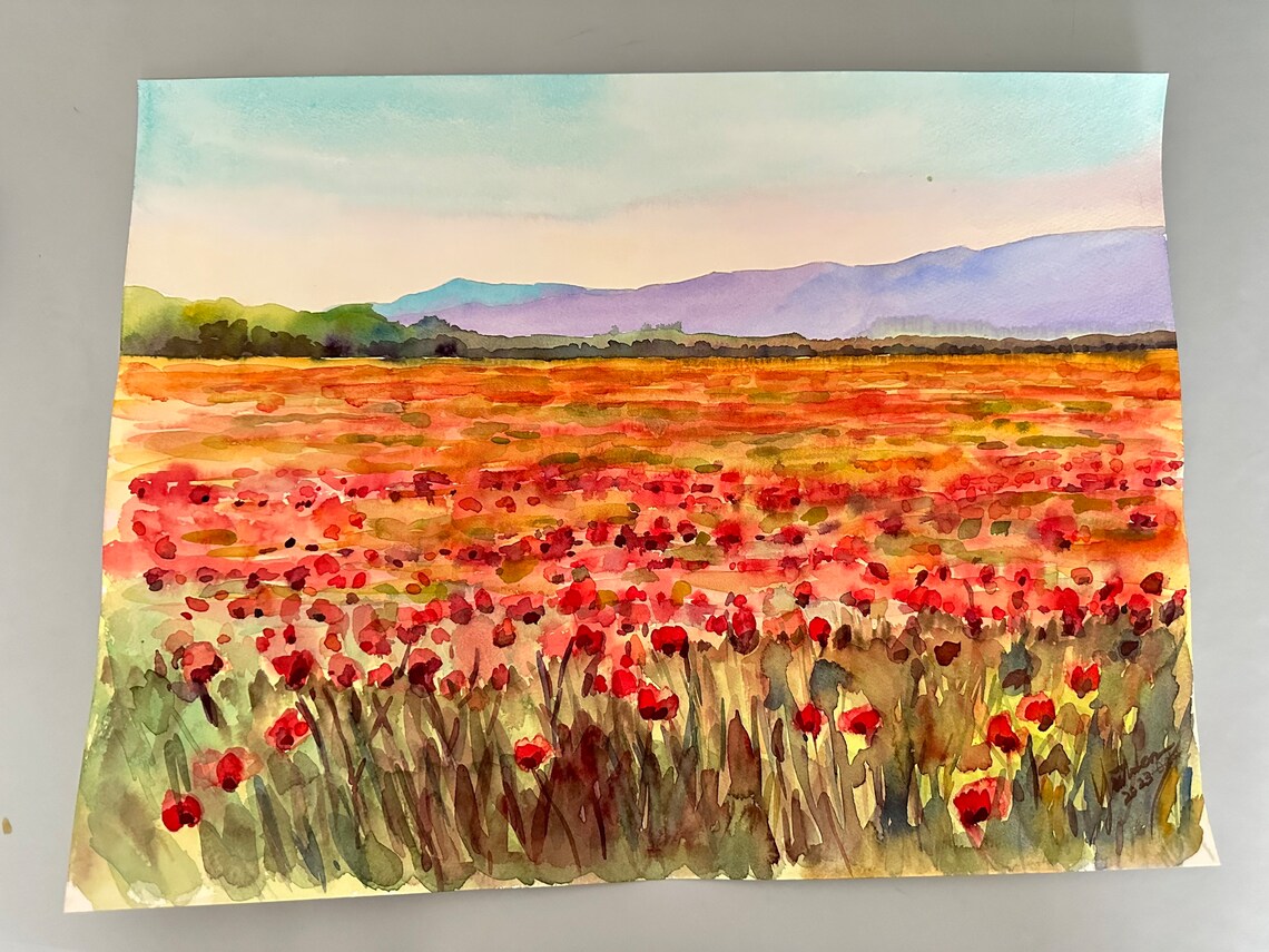 Vast Red Poppy Field Under Purple Mountains Watercolor Poster - Image 7