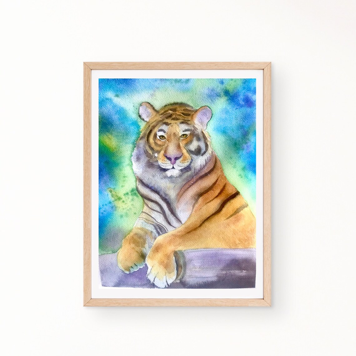 Majestic Tiger Resting Against a Blue Green Wash Watercolor Poster