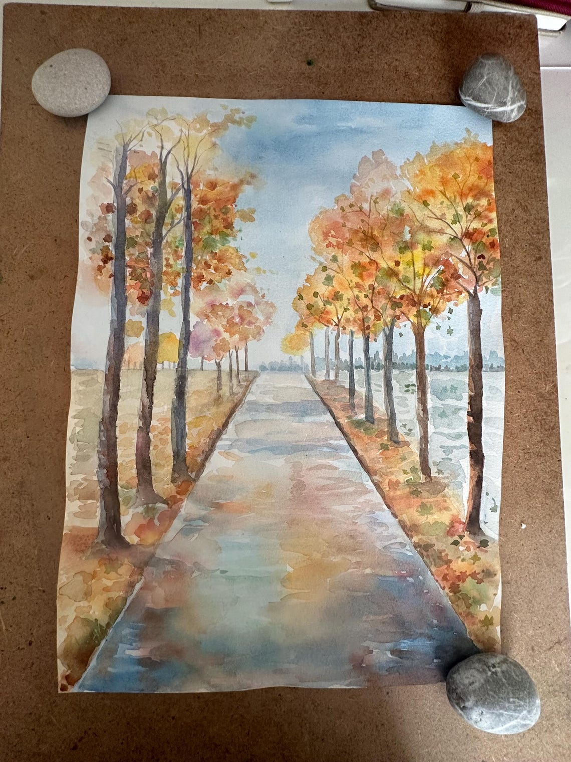 Autumn Tree Lined Path Beside a River Watercolor Landscape Poster - Image 5
