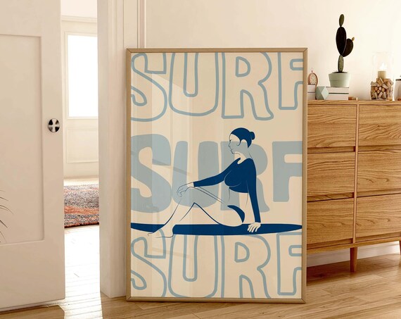 Blue Surfer Girl Retro Minimalist Coastal Wave Riding Poster