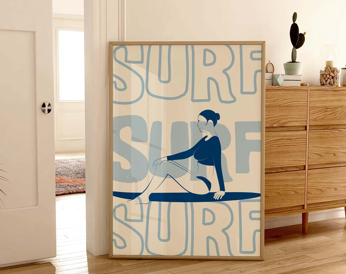 Blue Surfer Girl Retro Minimalist Coastal Wave Riding Poster