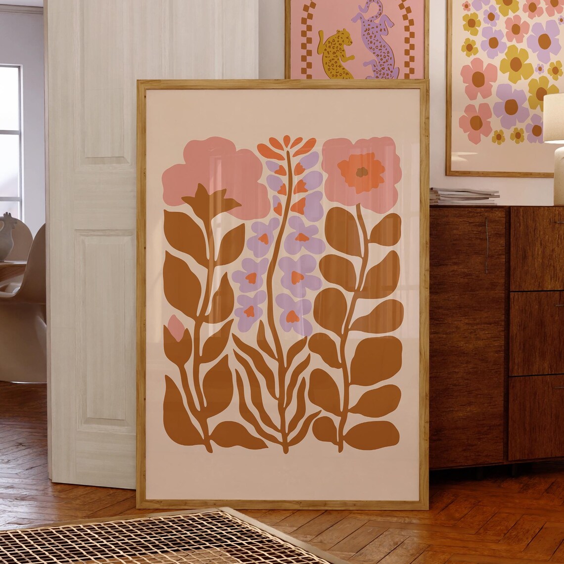 Retro 70s Folk Art Pink Brown Wildflower Illustration Poster - Image 3