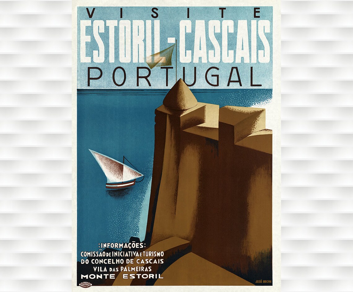 Estoril Cascais Portugal Sailboat Fort Vintage Travel Poster