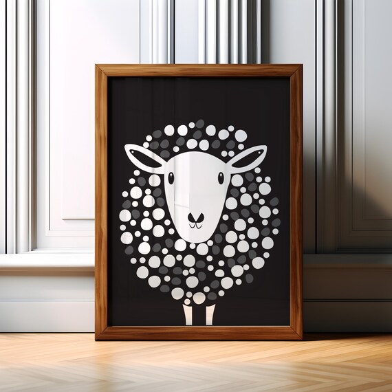 Monochrome Sheep Dotted Wool Black Background Nursery Wall Art